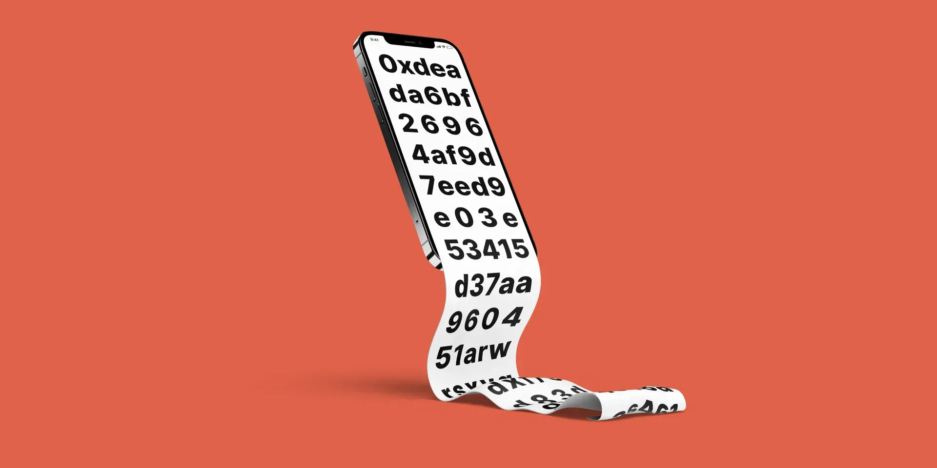 A smartphone displaying a long cryptocurrency address as if printed on a receipt that unfolds from the phone, illustrating the impractical length of blockchain addresses