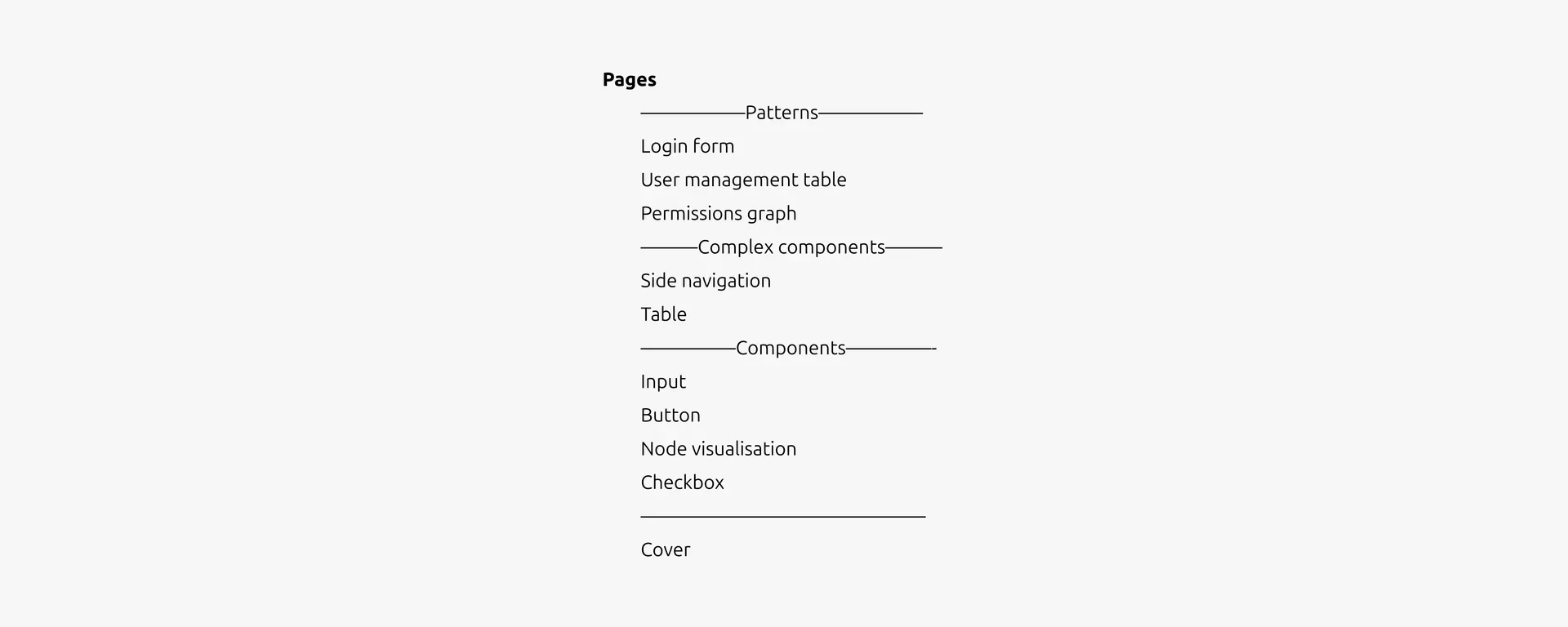 Figma library file structure showing Pages section with Patterns (Login form, User management table, Permissions graph), Complex components (Side navigation, Table), and Components (Input, Button, Node visualisation, Checkbox)