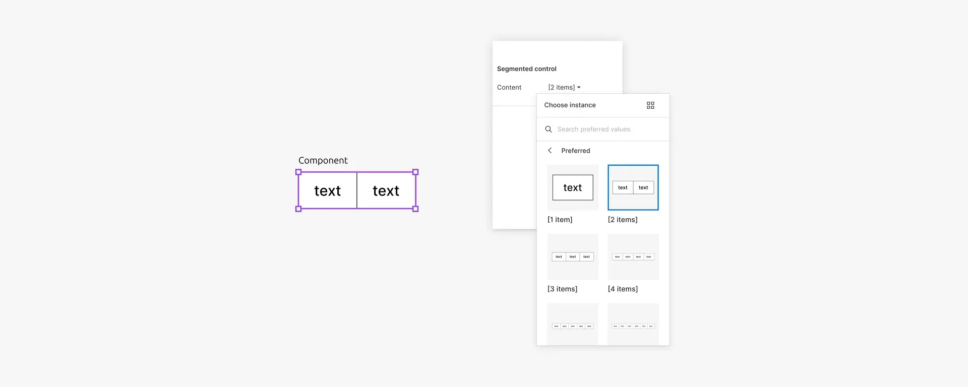 Figma interface showing segmented control component on left and instance swap panel on right with various content options like [1 item], [2 items], [3 items], [4 items] with preview thumbnails