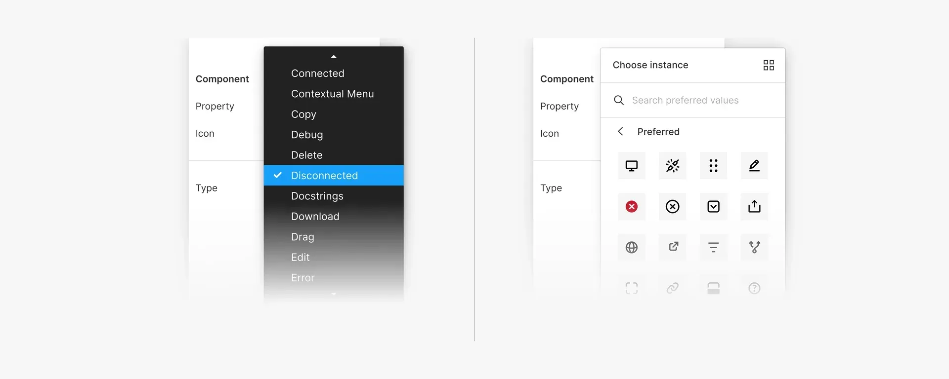 Comparison showing Figma variant dropdown menu on left with 'Disconnected' selected from options like Connected, Copy, Debug, Delete, vs instance swap interface on right showing icon selection grid with various icons like desktop, edit, refresh, etc.