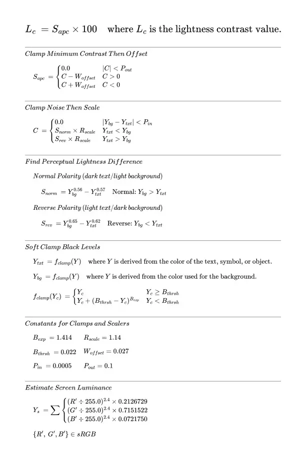 It shows the math formulas of APCA