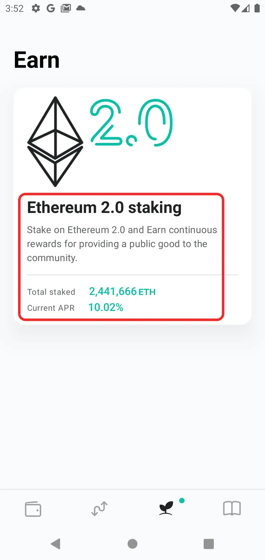 Ethereum 2.0 staking interface showing Ethereum diamond logo with '2.0' text, explaining staking rewards with total staked amount of 2,441,666 ETH and current APR of 10.02%
