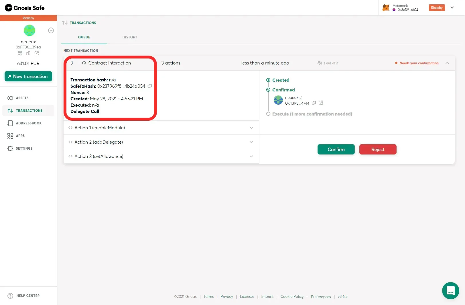 Gnosis Safe transaction interface showing 'Contract interaction' details with transaction hash, SafeTxHash, nonce, created/executed timestamps, and delegate call information highlighted in red