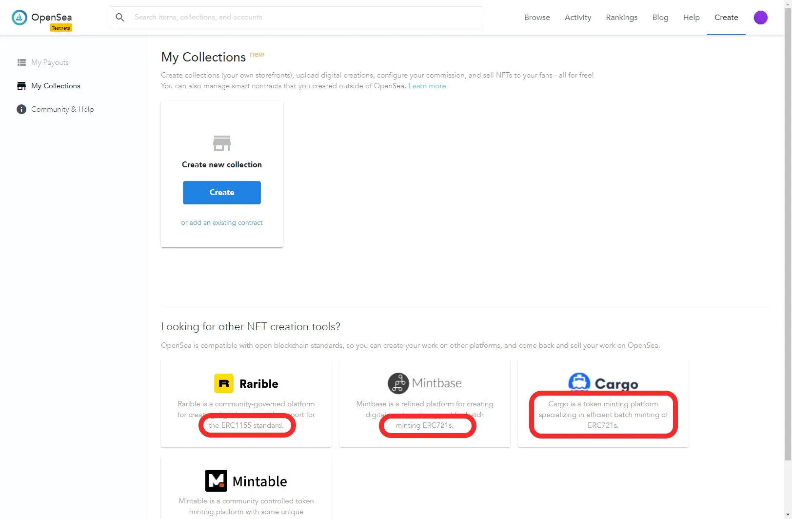 OpenSea NFT platform comparison showing Rarible (ERC1155 standard), Mintbase (minting ERC721s), and Cargo (token minting platform for ERC721s) with technical terms highlighted in red
