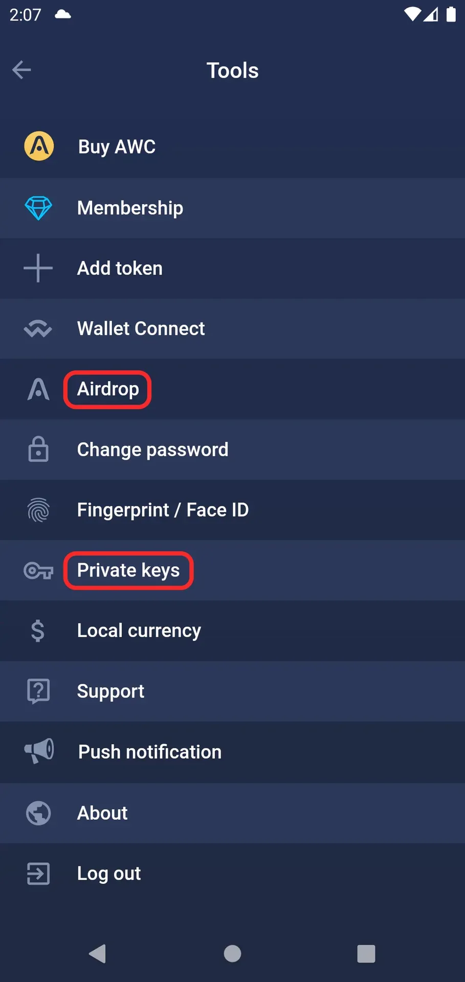 Mobile wallet Tools menu displaying options like Buy AWC, Membership, Add token, Wallet Connect, with Airdrop and Private keys highlighted in red boxes