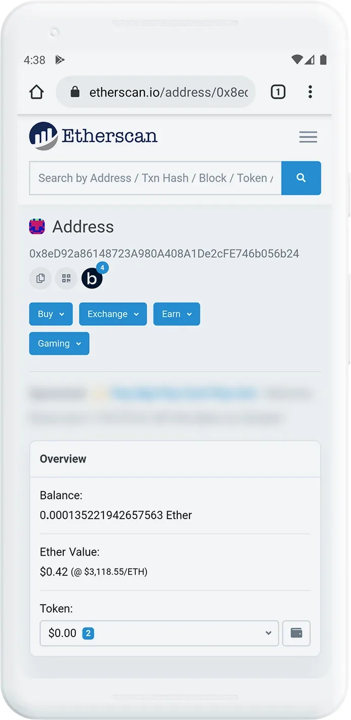 Etherscan blockchain explorer interface showing an Ethereum address with balance of 0.00013522194265763 Ether worth $0.42, demonstrating public visibility of blockchain transactions and balances