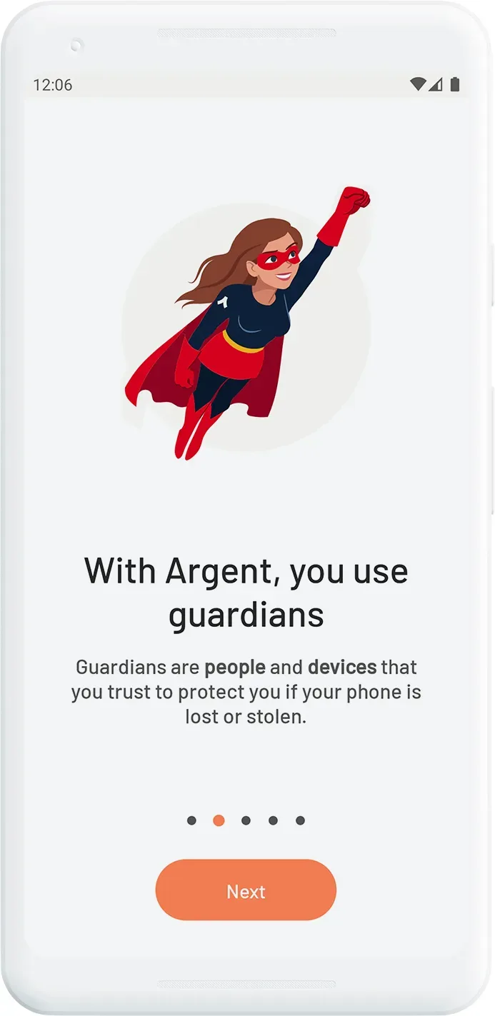 Mobile onboarding screen with superhero illustration wearing red cape and mask, titled 'With Argent, you use guardians' explaining that guardians are trusted people and devices who can help recover your wallet if phone is lost or stolen