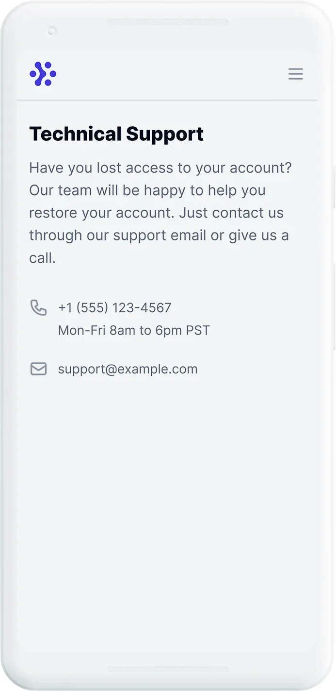 Mockup mobile app technical support screen with blue logo, titled 'Technical Support', explaining how to restore lost account access with contact information including phone number +1 (555) 123-4567 and email support@example.com