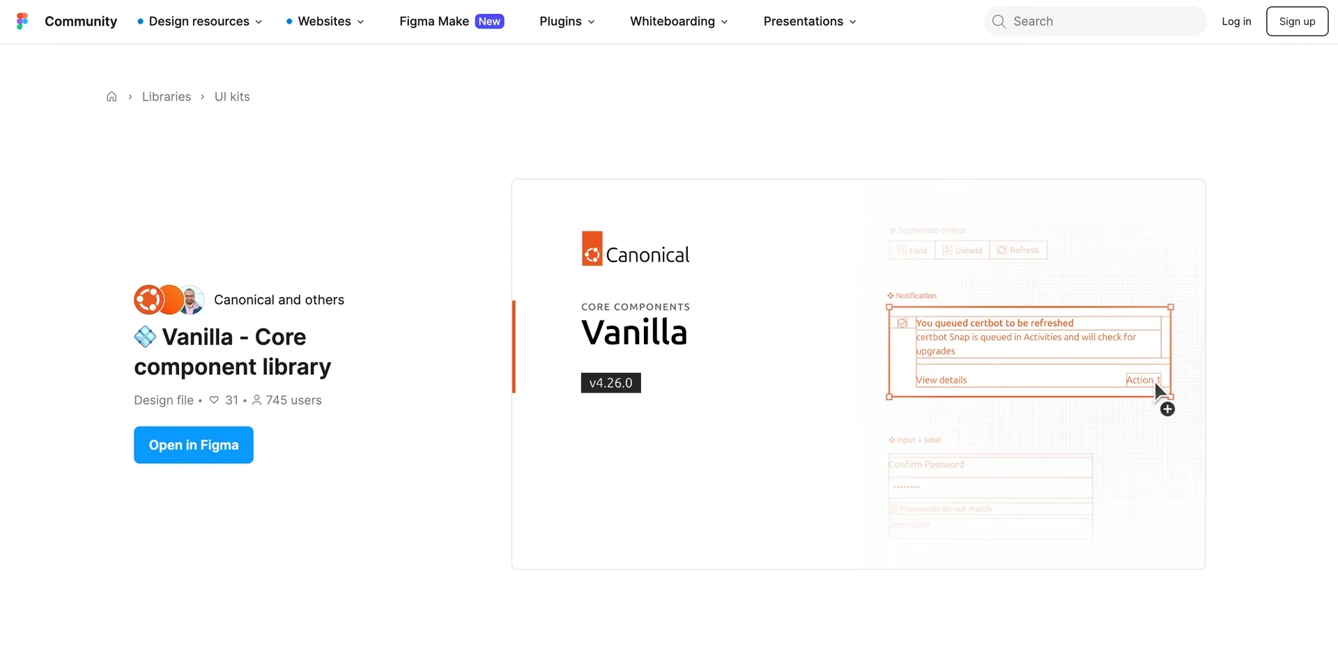 Figma Community showcase page for Vanilla Core Component Library with preview thumbnails showing various UI components, statistics showing 4.8K views and 79 duplicates