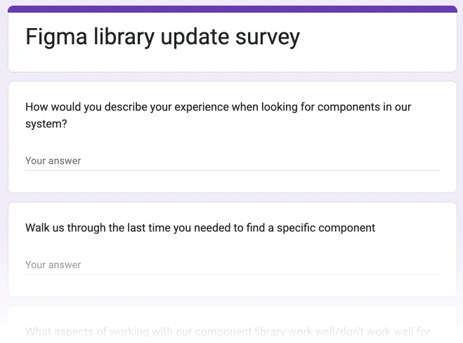 Survey form titled 'Figma library update survey' with questions about component usage experience and finding specific components in the design system
