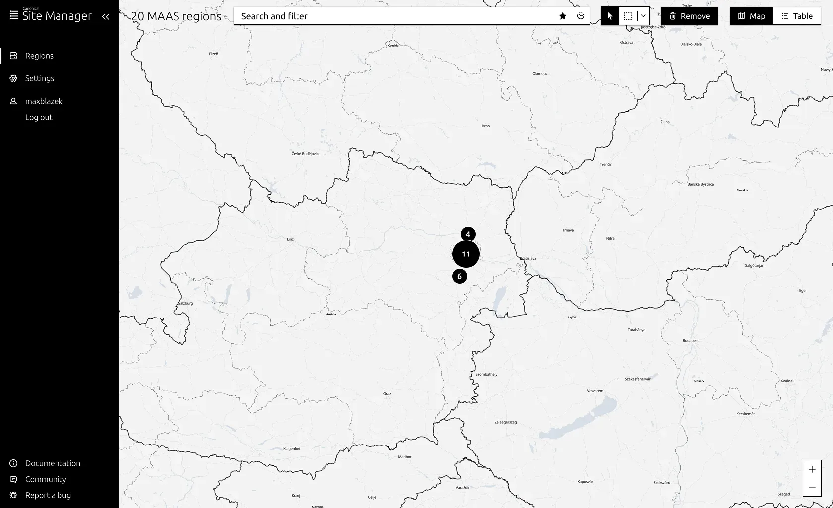 MAAS Site Manager wireframe displaying regional view of Europe with individual server location pins scattered across countries, showing '20 MAAS regions' with search functionality and map/table view toggles in the interface