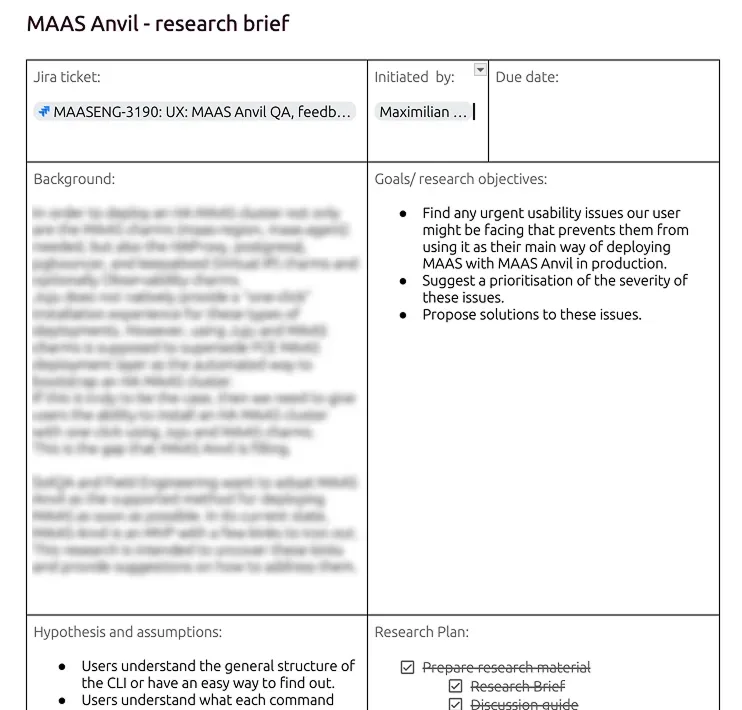 MAAS Anvil research brief with Jira ticket information, background context, goals including finding usability issues and proposing solutions, plus research plan checkboxes